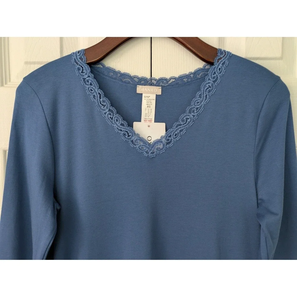 Hanro 77162 Moments Lace Trim Cotton Nightgown Cotton Size XS True Navy NWT $195 - Picture 2 of 7